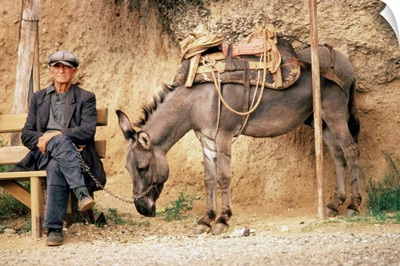 A man resting on a bench and a donkey eating hay in Meteora, Greece