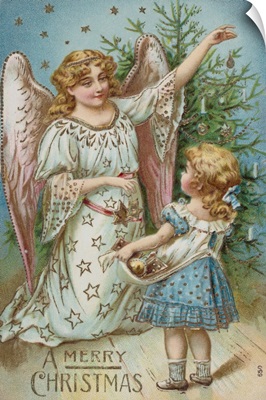 A Merry Christmas Postcard With An Angel And Little Girl
