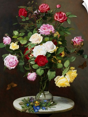 A Still Life With Roses In A Glass Vase By Otto Diderich Ottesen