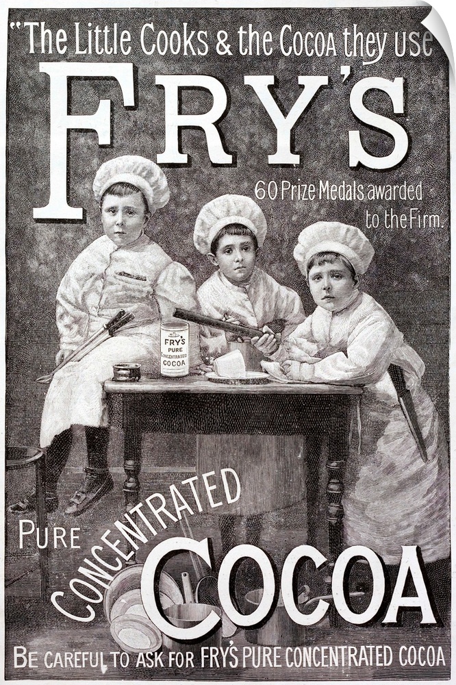 Advertisement for Fry's Cocoa. Shows children in chef's clothing round a kitchen table.