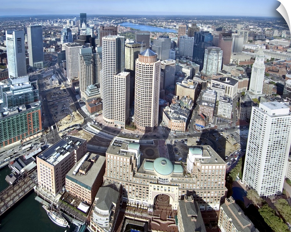 Aerial of downtown in the morning, Boston, MA
