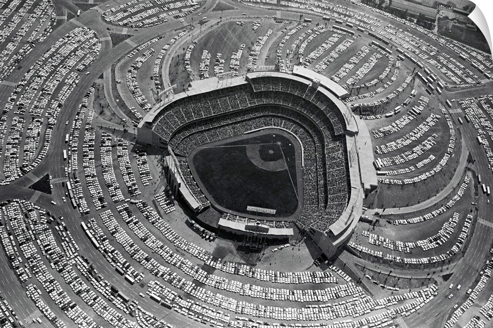 Aerial view shows the new Dodger stadium as their opening day game got under way against Cincinnati before a 56,000 capaci...
