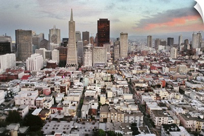 Aerial view of downtown San Francisco, California at sunset.