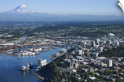 Aerial view of Tacoma and Mount Rainier, Washington State