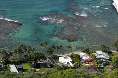 Aerial view of waterfront homes and coral reef, Waikiki, Hawaii