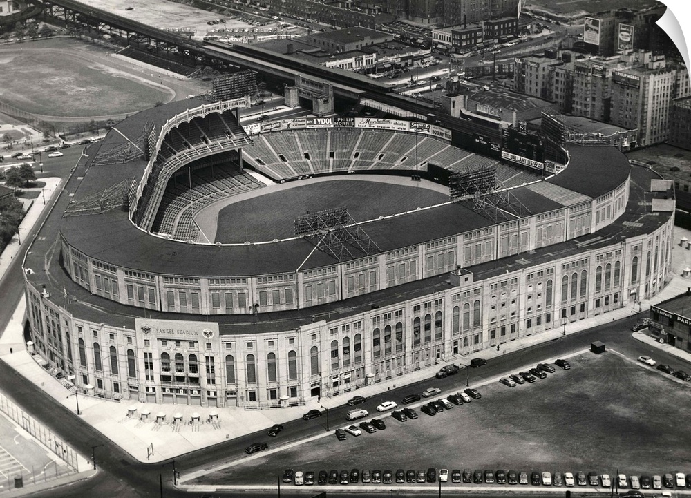 Aerial photograph shows Yankee Stadium in New York City.