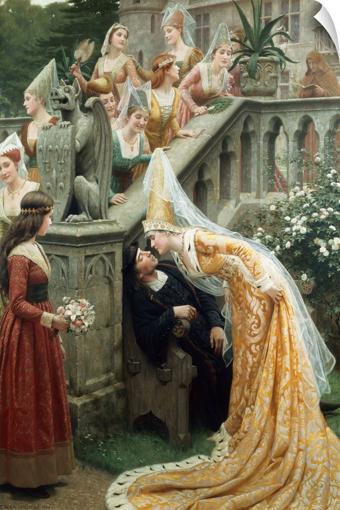 This painting depicts the legend of Margaret of Scotland kissing French poet, Alain Chartier, while he sleeps at her castle.