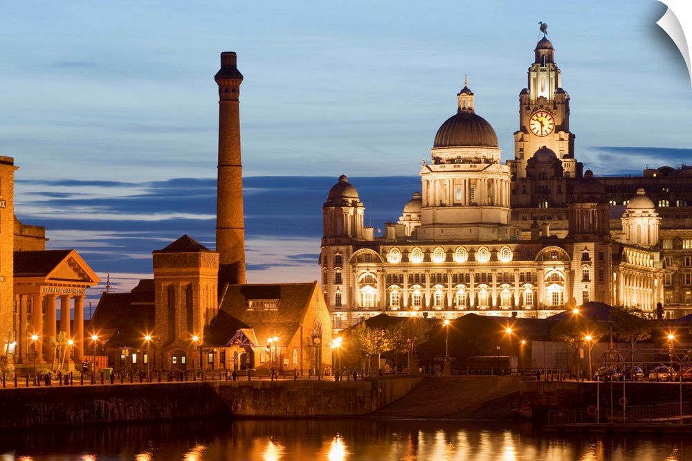 View of the Albert Dock, the Pumphouse Inn, and the Three Graces (Royal Liver Building, Cunard Building, Port of Liverpool...