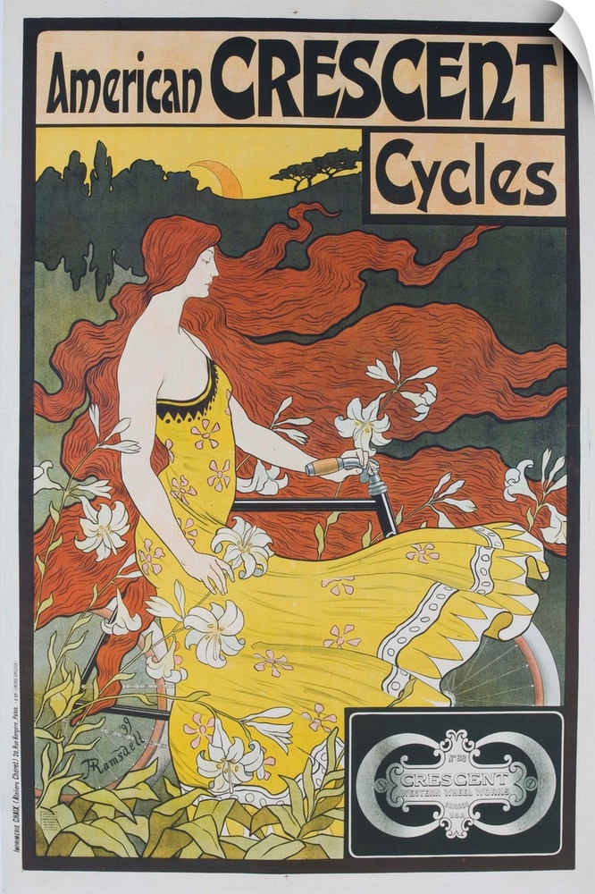 Illustrated by FREDERICK WINTHROP RAMSDELL (1865-1915), Bicycle advertising poster showing woman with flowing red hair pro...