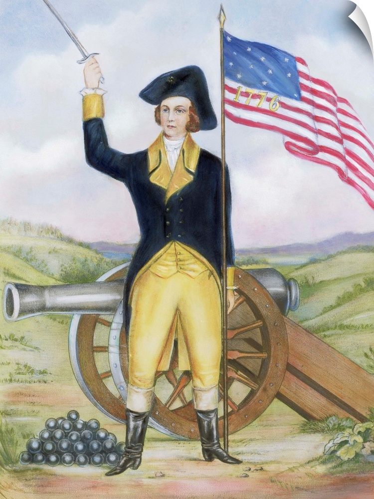 A Currier and Ives lithograph features an American revolutionary officer or soldier holding up his sword and an American f...
