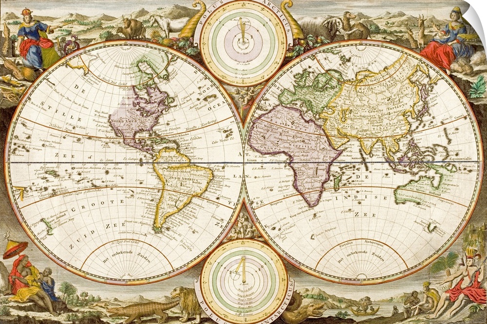 Antique drawing of the globe. Vintage map with distorted continents and mythical illustrations in the corners. Two smaller...