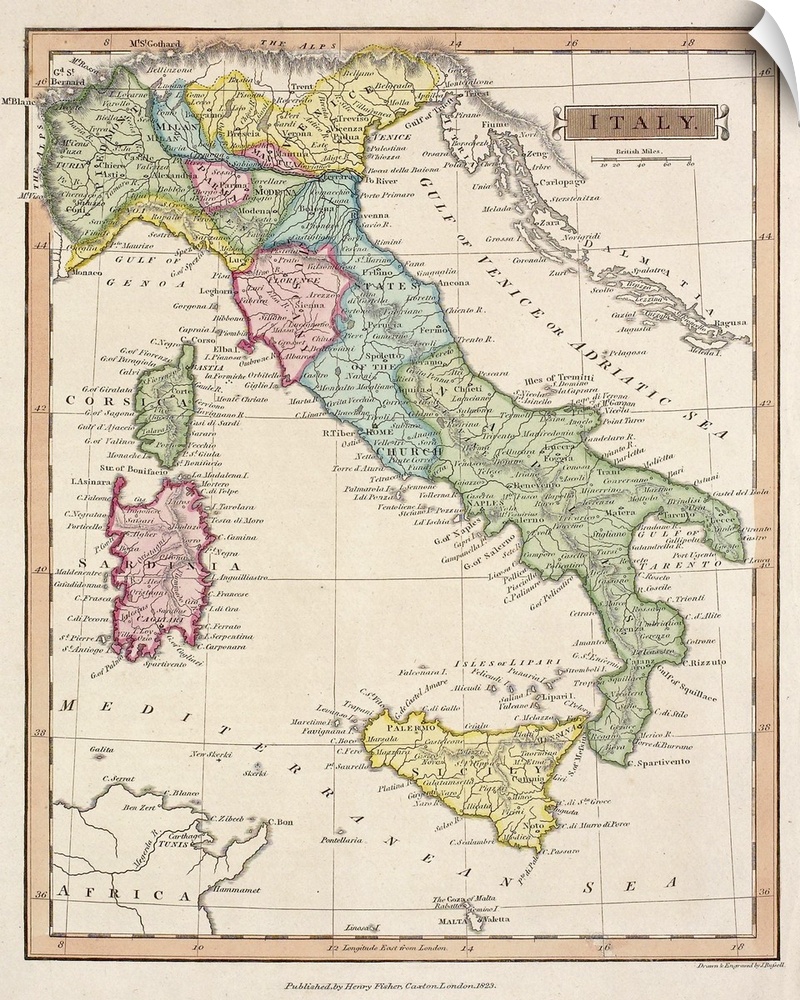 Vintage map of the country of Italy and several islands in the Mediterranean, including Sicily, Sardinia, and Corsica, as ...