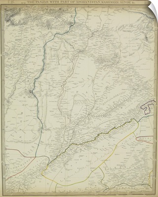 Antique map of river systems in Punjab , Afghanistan , Kashmeer , and Sinde