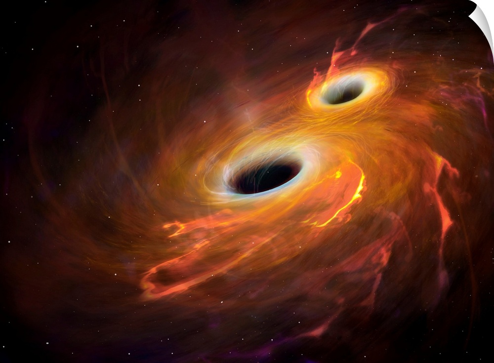 Illustration of two black holes orbiting each other in a combined accretion disc. Eventually the black holes will merge, a...