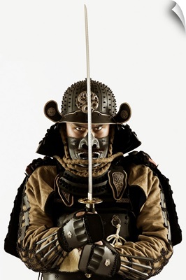 Asian man wearing samurai armor