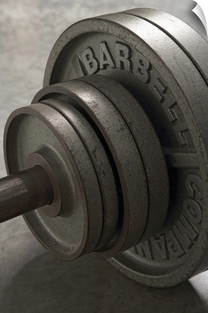 Barbell, close-up of weights, elevated view