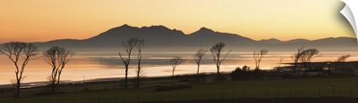 Bare trees at west coast with mountain in background at Scotland.