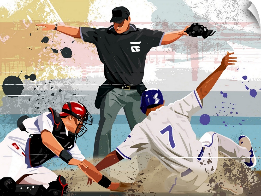 Digital painting of an umpire declaring a home run as the player reaches home base before the catcher tags him.