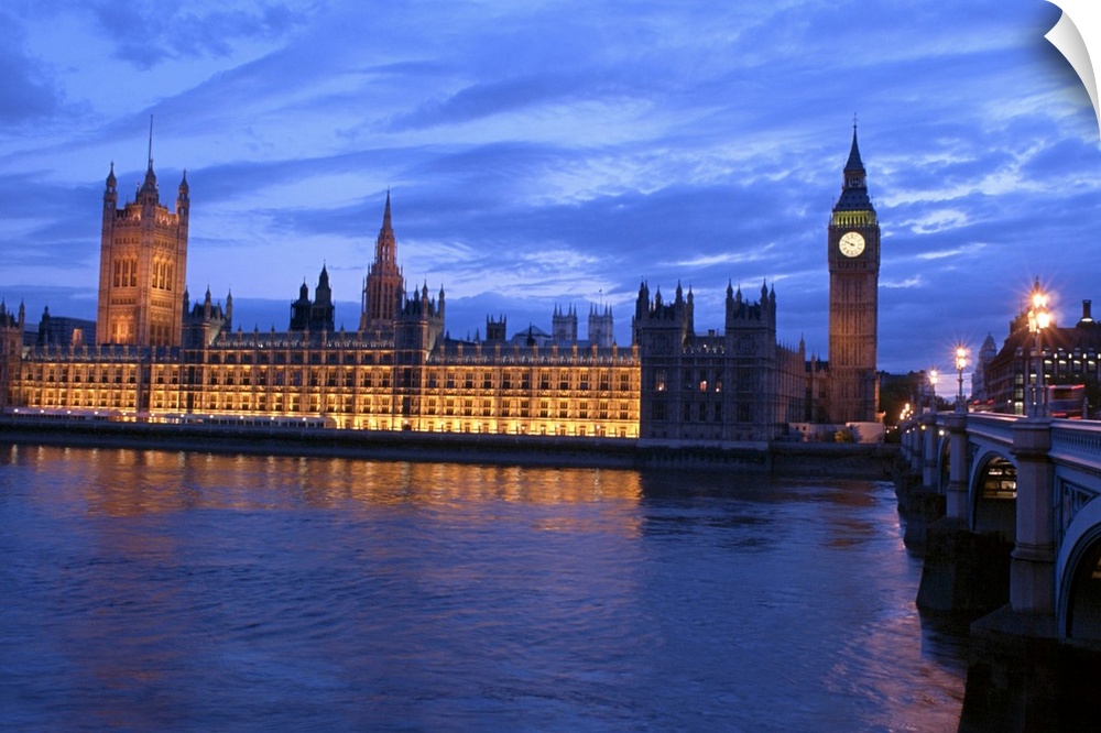 Photo print of Big Ben at dusk lit up from a distance.