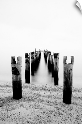 Black and white long exposure shot of Cormorants sitting on a derelict pier.