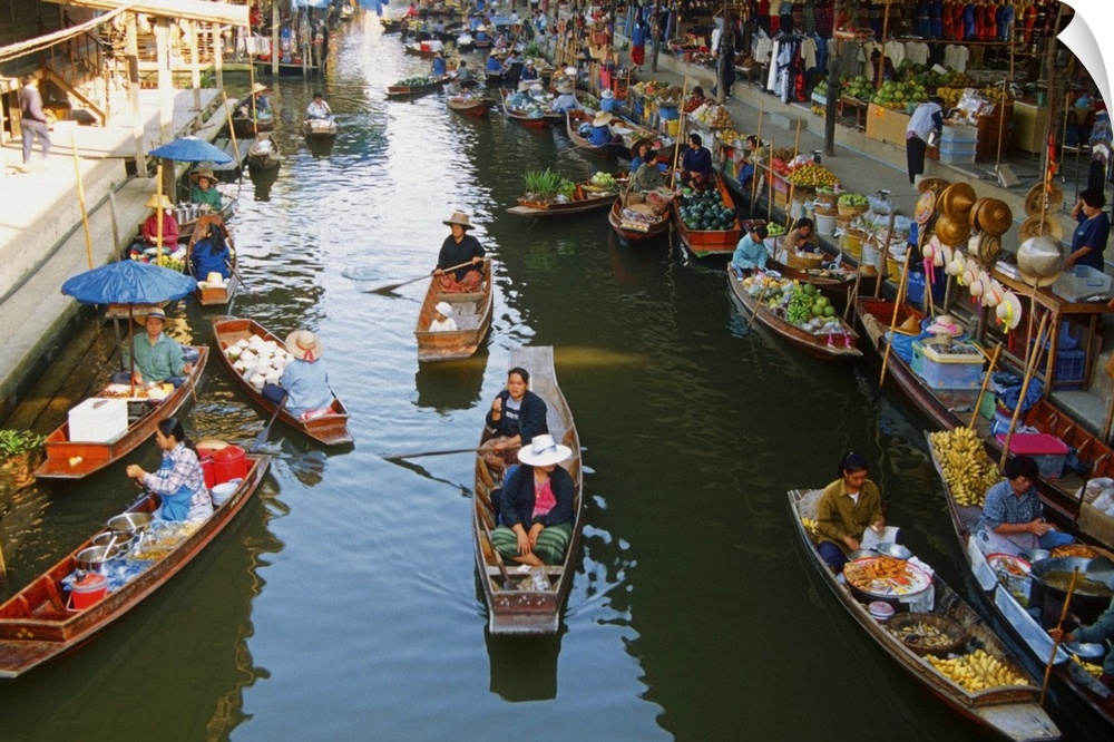 High angle view of boats, Damnoen Saduak Floating Market, Bangkok, Thailand