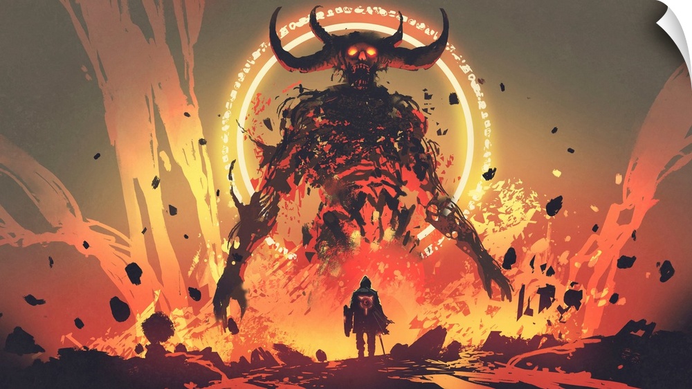 Digital illustration of a knight with a sword facing the lava demon in hell.