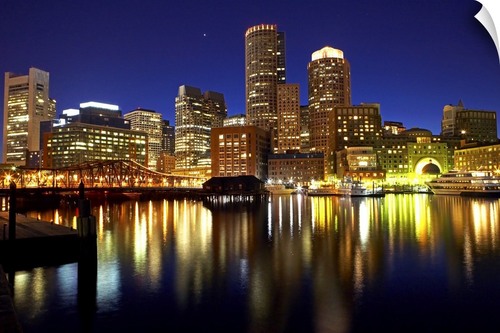 USA, Boston, city skyline at night (long exposure)