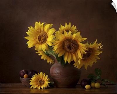 Bouquet Of Sunflowers In Old Clay Jug