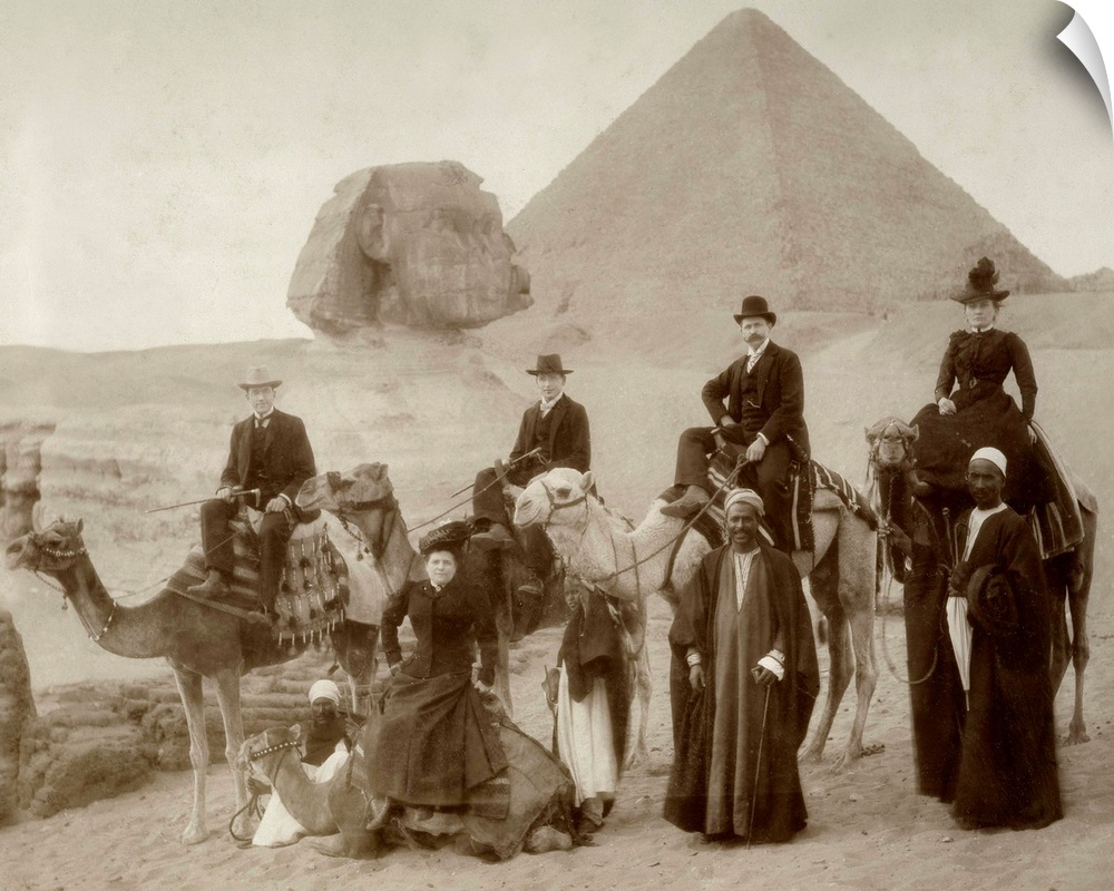 Victorian or Edwardian tourists in front of the Great Pyramid Egypt.