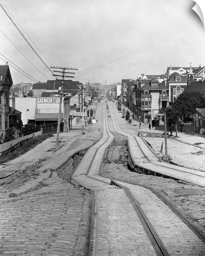 Cable car tracks zig zag after the earthquake of 1906 in San Francisco, California, USA.