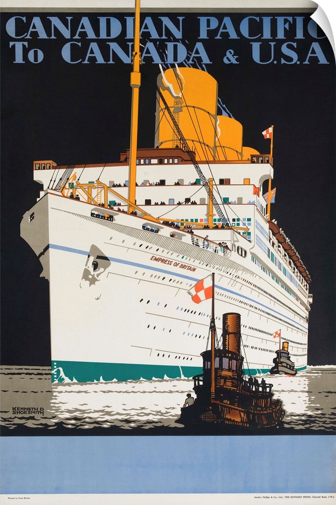 Illustrated by Kenneth D Shoesmith, ca 1920s, the highly stylized illustration of the Empress of Britain Ship towers over ...