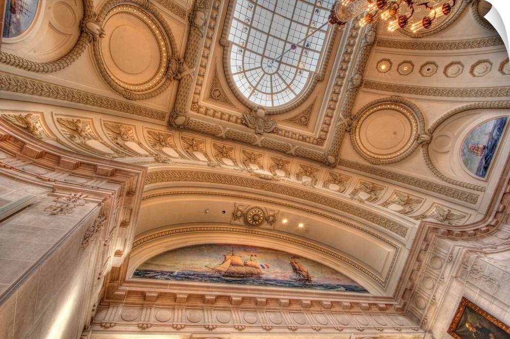 Hand painted ornate ceiling in memorial hall in Bancroft hall at the united states naval academy in Annapolis, Maryland.