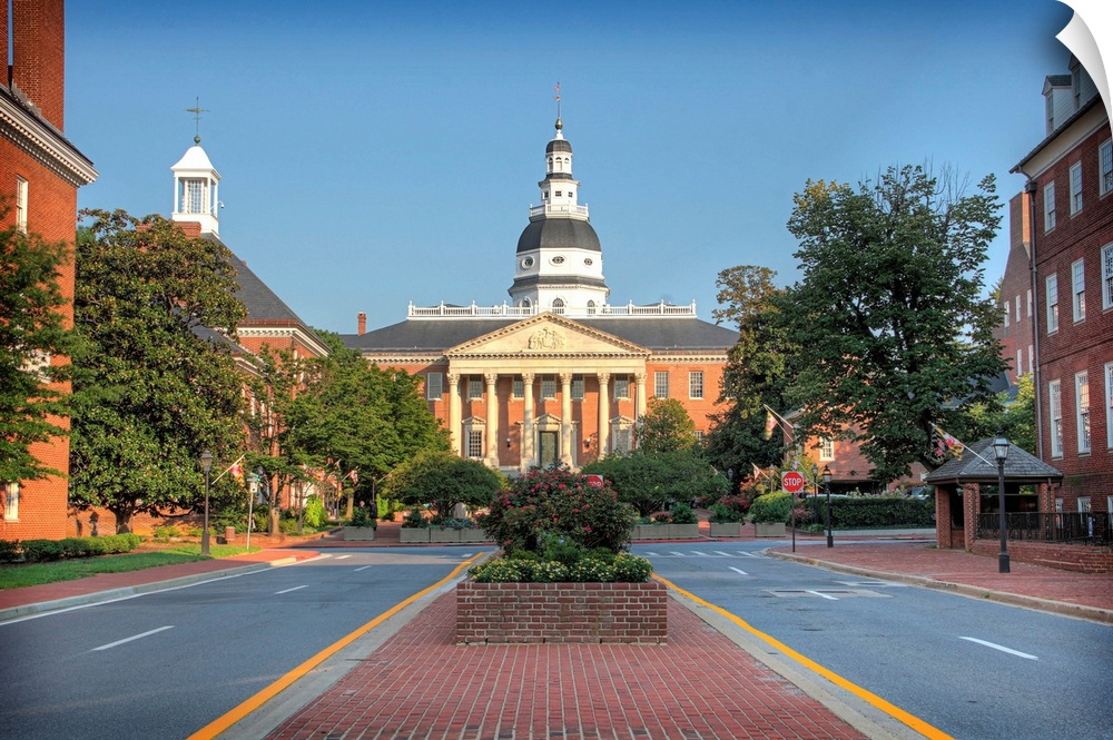 Maryland state house with dome and government buildings in downtown historic Annapolis.
