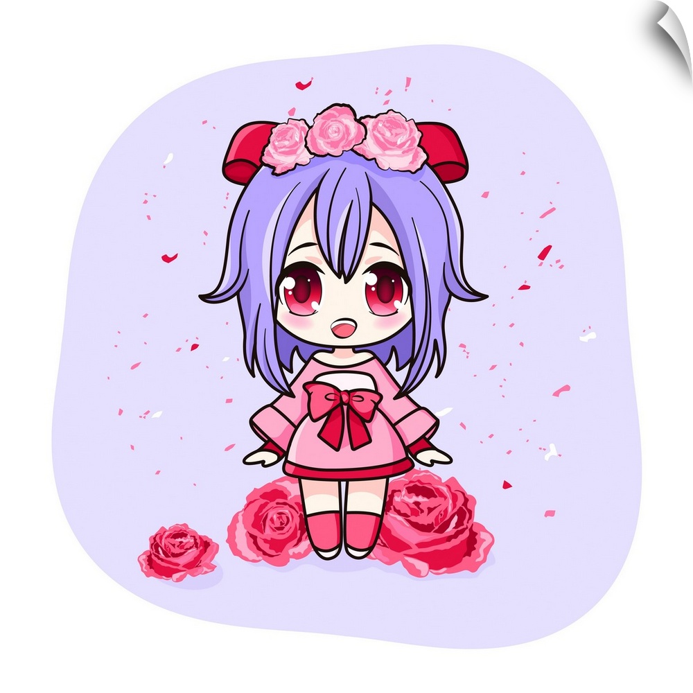 Cute and kawaii girl in dress with roses. Manga chibi girl with red and pink flowers. Originally a vector illustration.