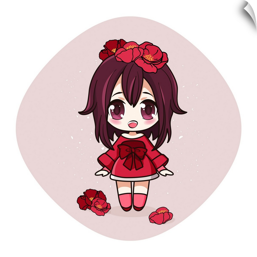 Cute and kawaii girl in dress with poppies. Happy manga chibi girl with red flowers. Originally a vector illustration.