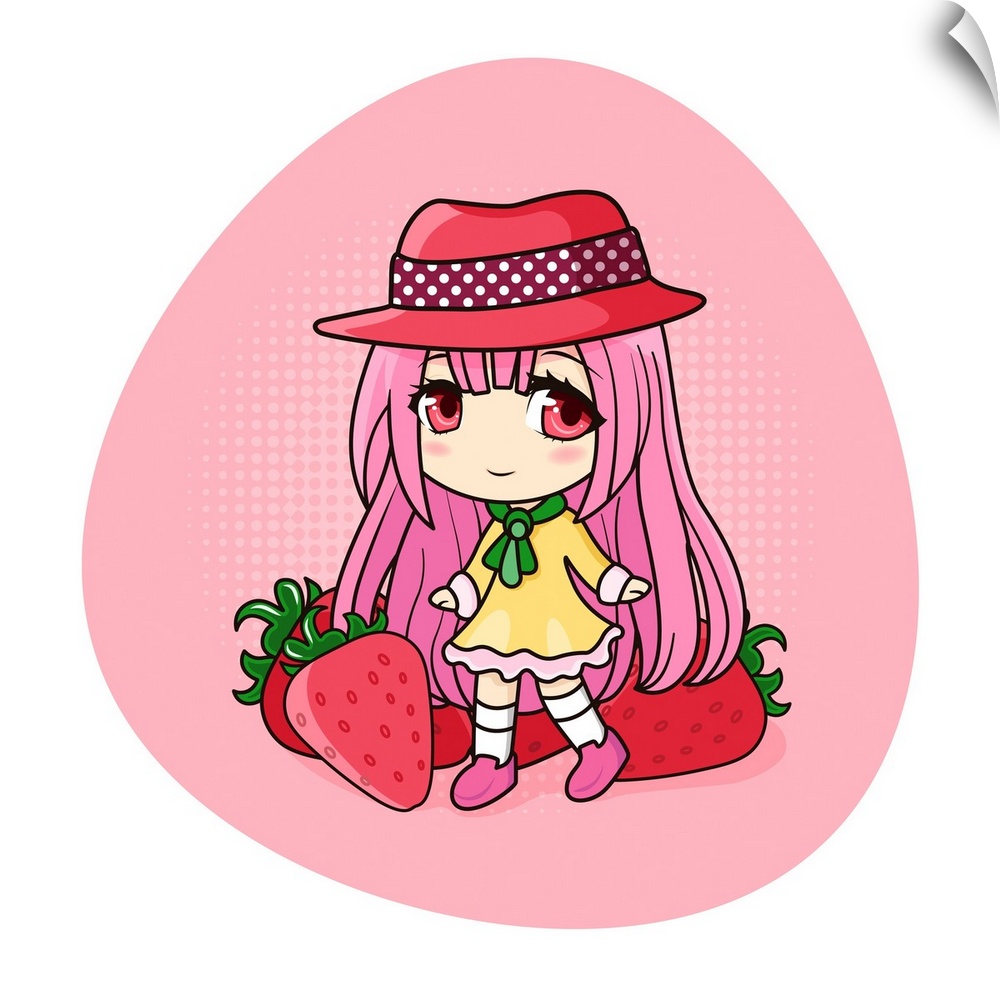 Cute and kawaii girl with pink hair. Happy manga chibi girl with strawberries. Originally a vector illustration.