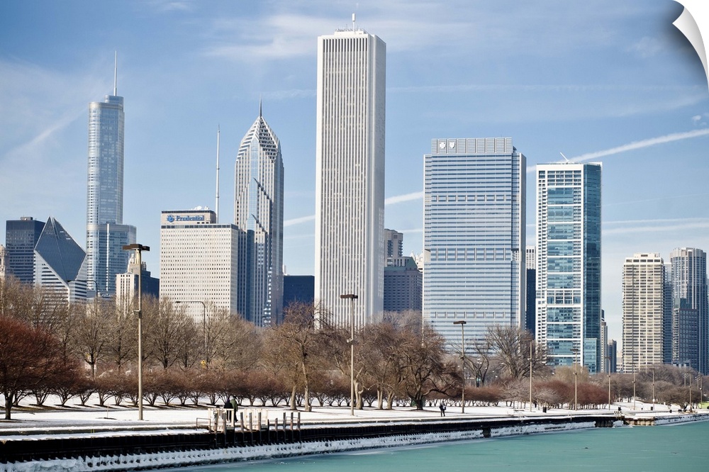 Chicago skyline across frozen Lake Michigan.