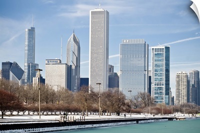 Chicago skyline across frozen Lake Michigan.