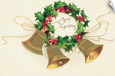 Christmas Card With Wreath Of Holly And A Trio Of Bells