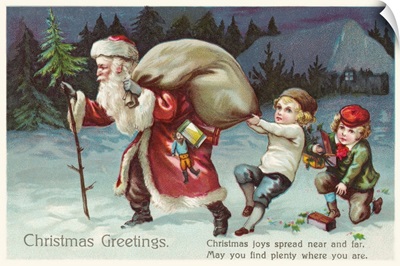 Christmas Greetings Postcard With Santa Claus And Two Children