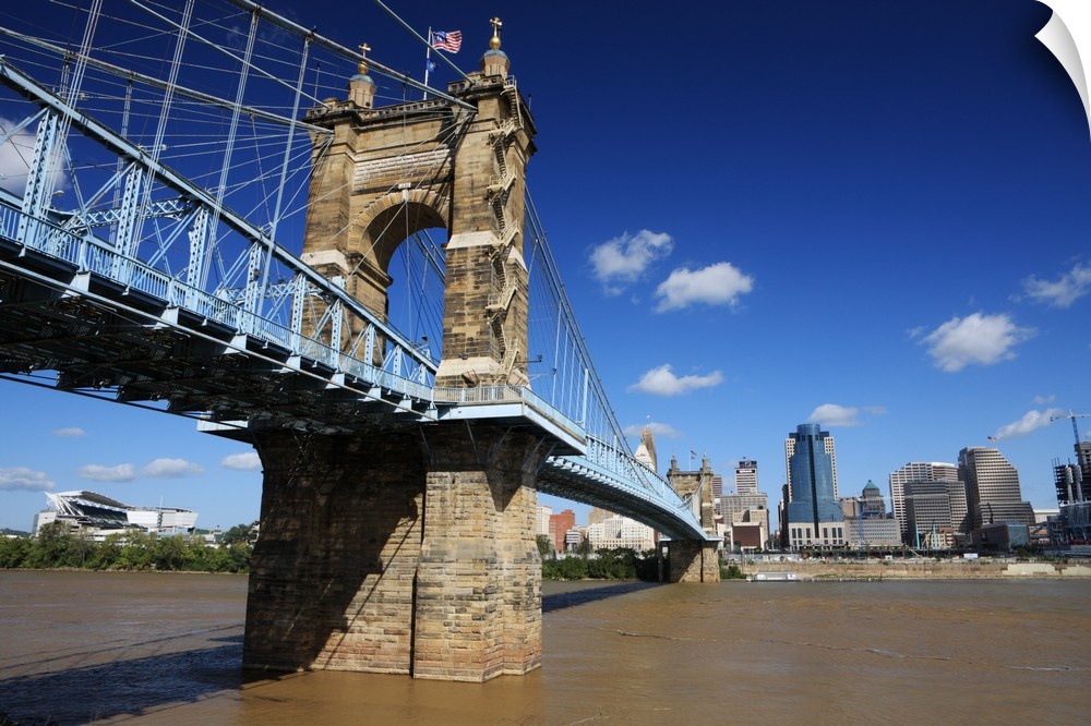 The John A. Roebling Suspension Bridge, Ohio River and Cincinnati skyline.
