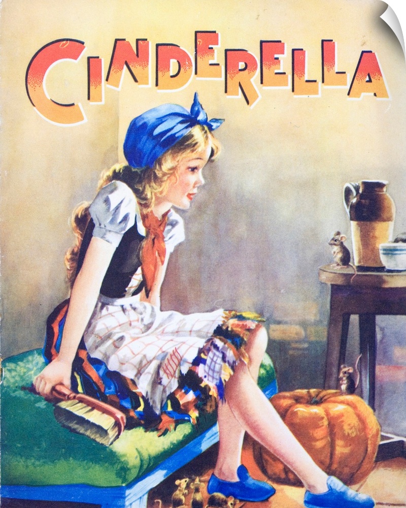 A book illustration of Cinderella, shown dressed for house cleaning with the pumpkin and friendly mice. This classic folk ...
