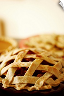 Close-up of fresh pie with lattice pattern crust