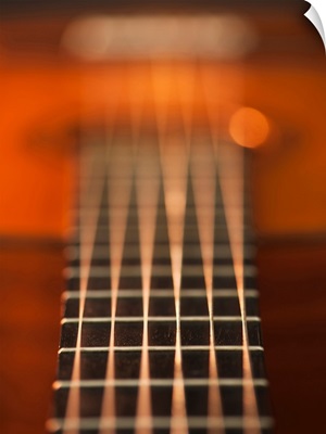 Close up of strings of acoustic guitar