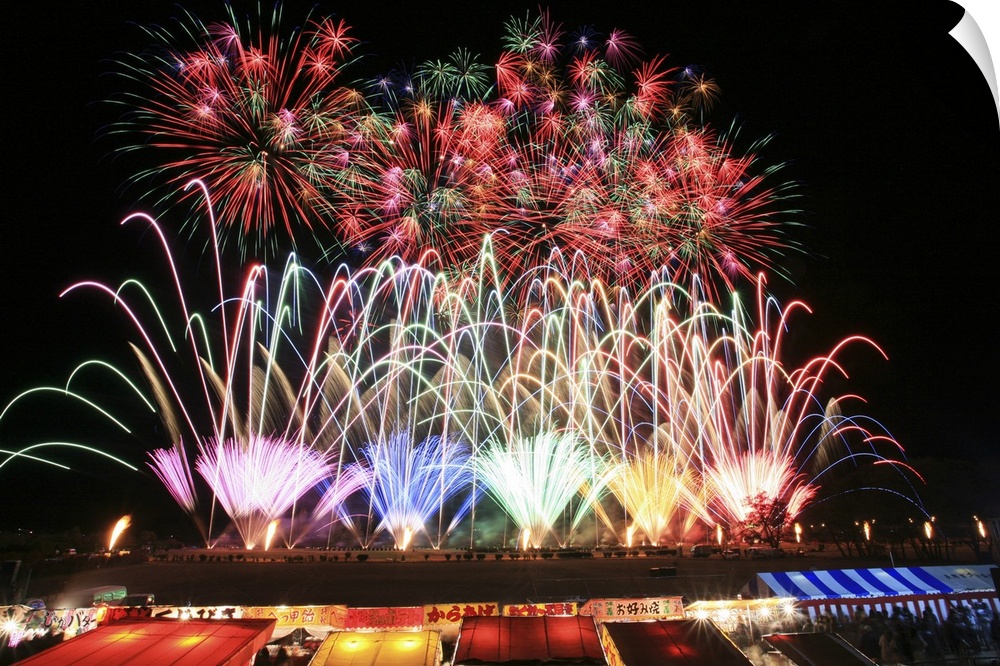 Colorful Fireworks Over the Food Stalls