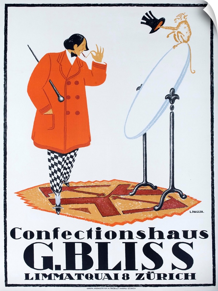 Stylish dandy looks at himself in a mirror in Swiss 1915 advertising poster illustrated by L. PAGLIA