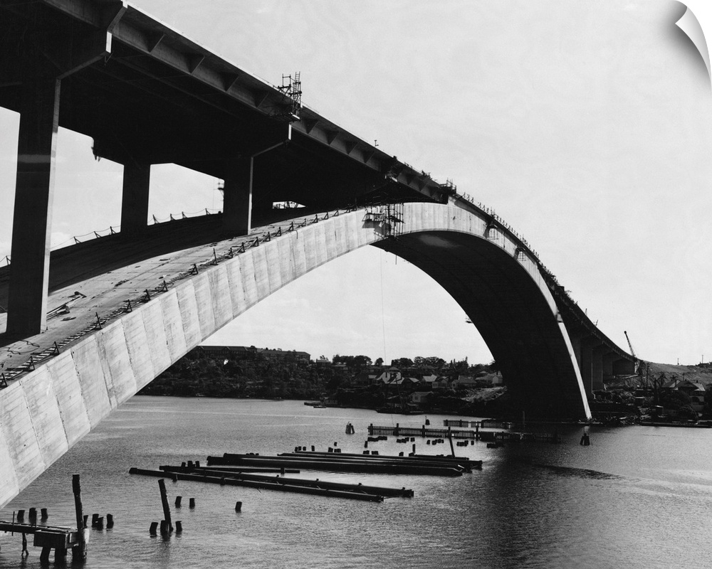 The construction of the Gladesville Bridge in Sydney, which when completed will be the world's largest single span concret...