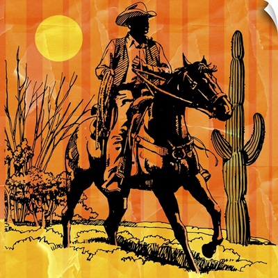 Cowboy Fiding Horseback In Desert