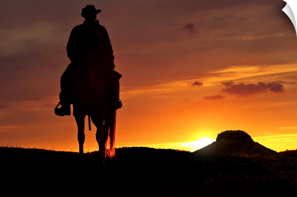 Contour cowboy with horse in the sunset. In the background, a table mountain.
