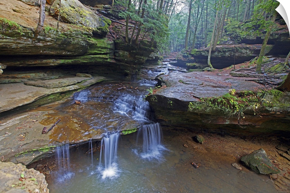 flowing creek with little silky waterfalls at Old Man's Cave in Hocking Hills State Park in Ohio